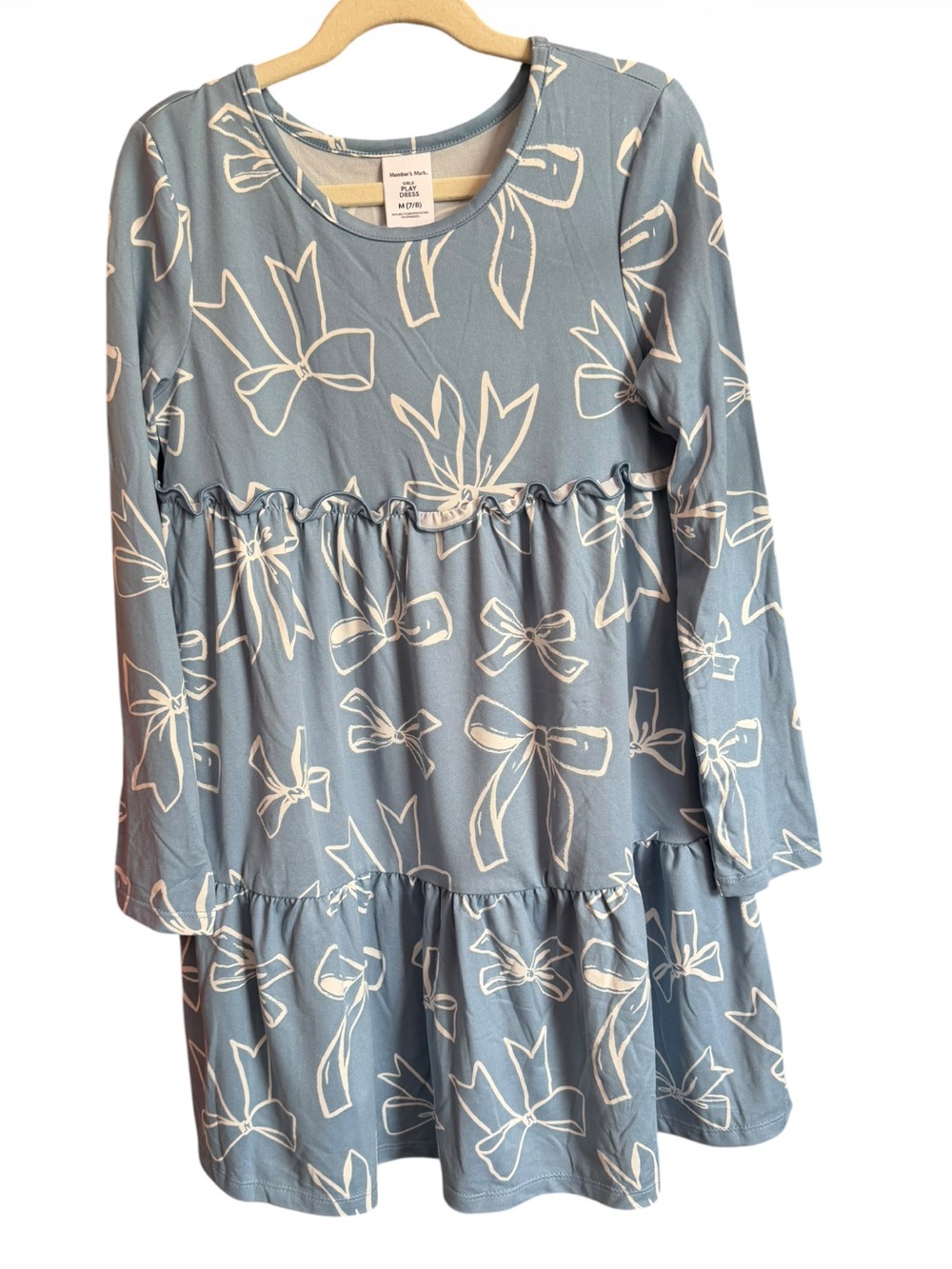 Member’s Mark Blue Bow-Print Tiered Long-Sleeve Dress New Size 7/8